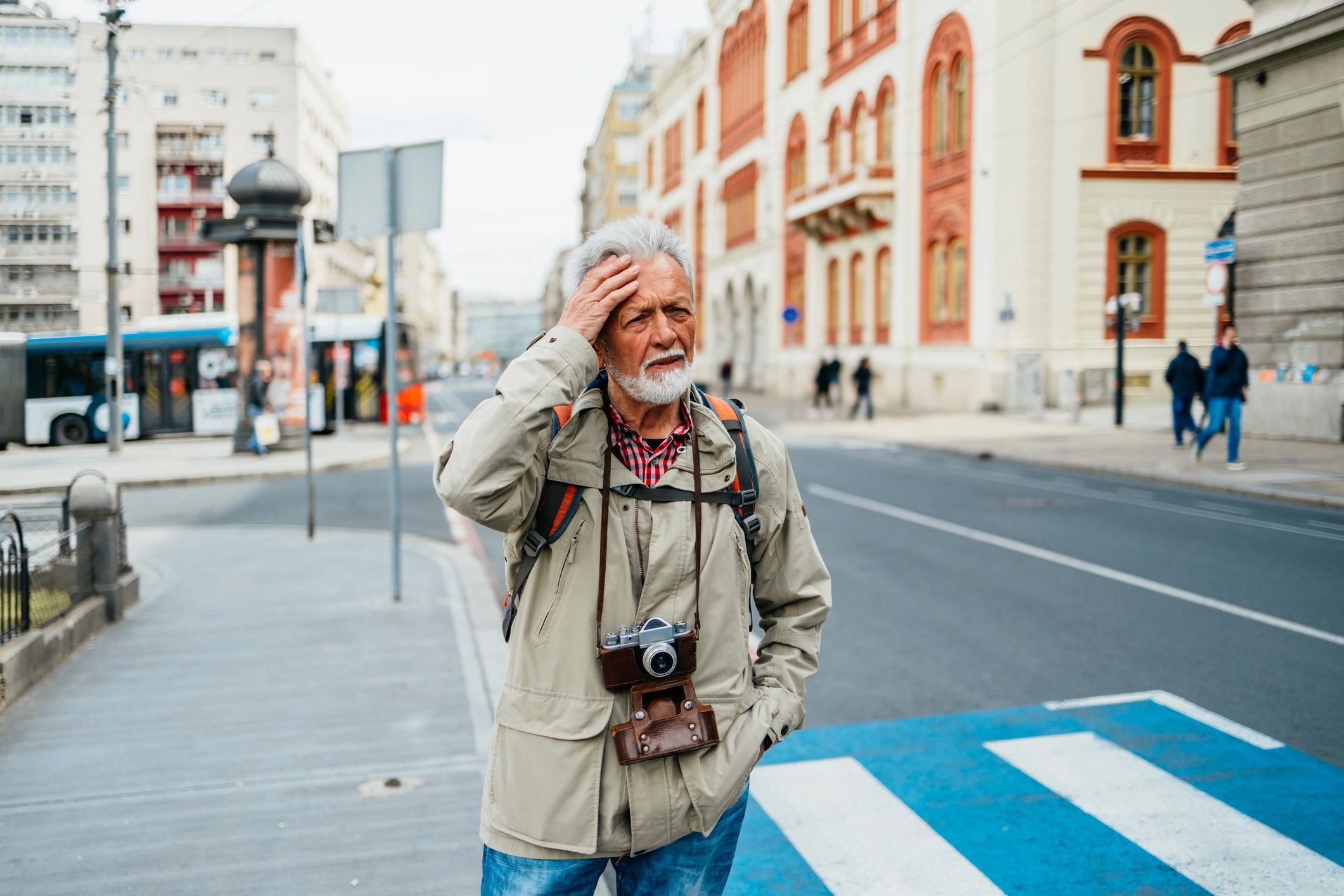 Traveler walking through an old city street