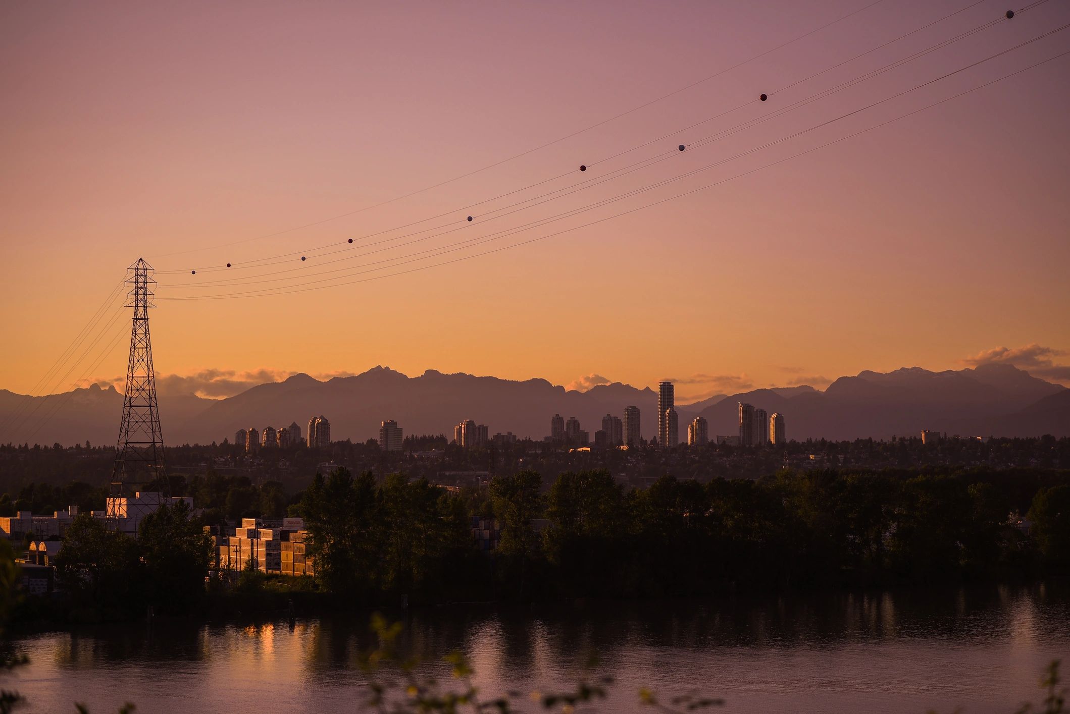 Dashing view of city buildings from River Road, Surrey British Columbia
