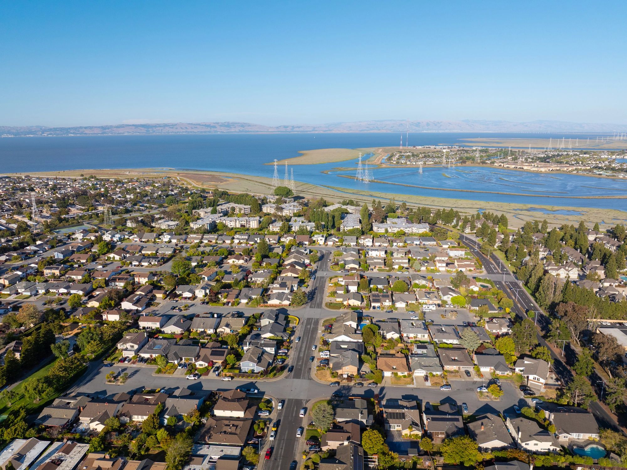 Aerial View of Suburban Neighborhood and Bay in San Francisco Bay Area