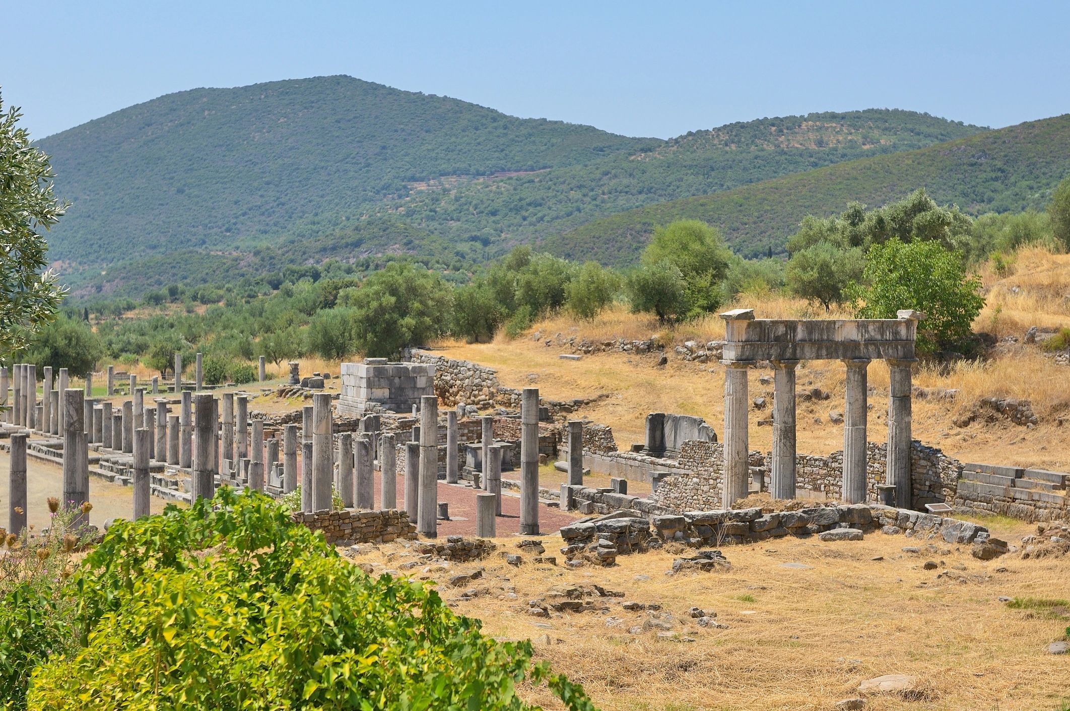Ancient ruins in the Peloponnese, Greece with stone columns and mountains