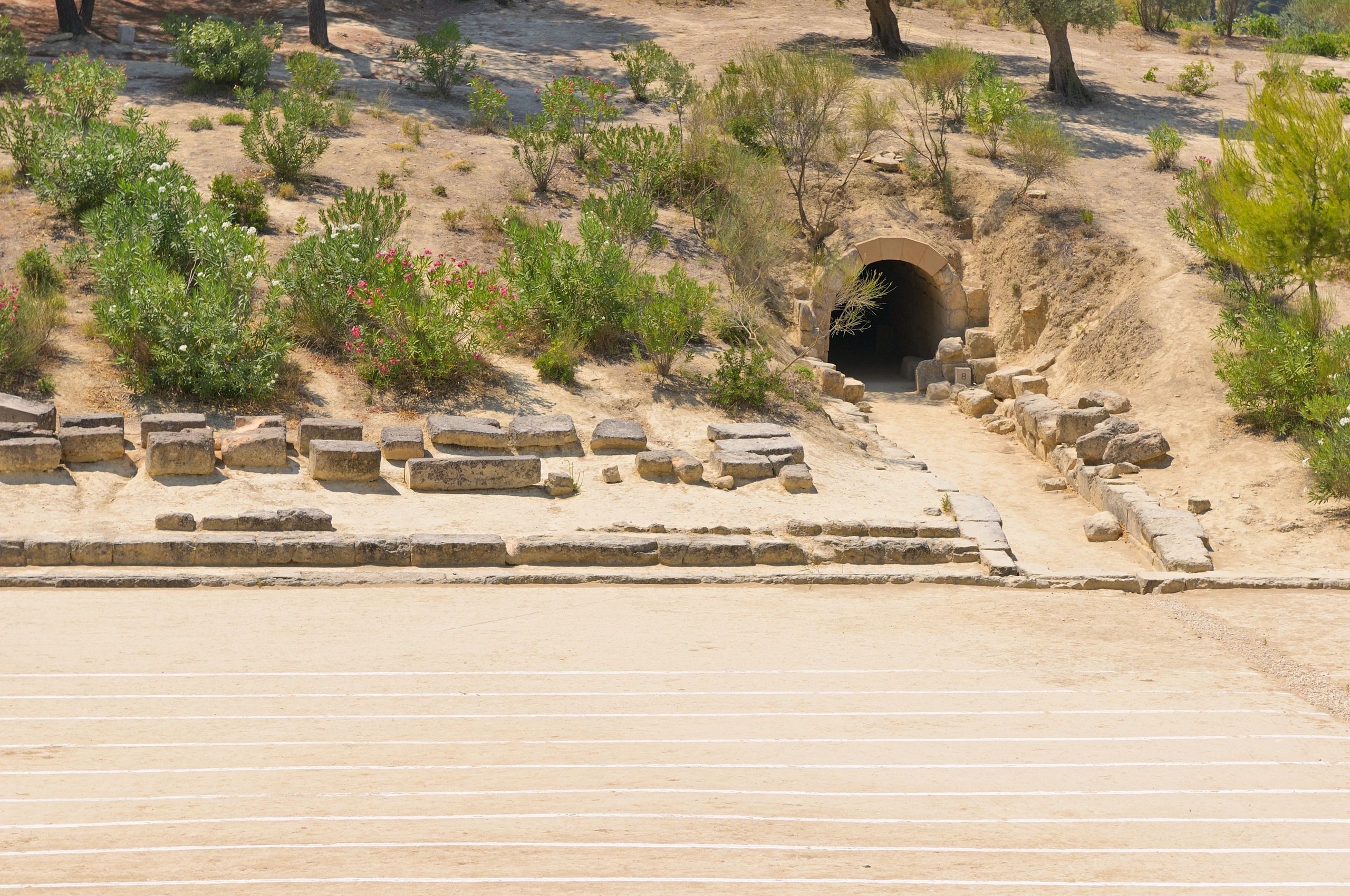 Stone tunnel entrance to the ancient stadium at Nemea in the Peloponnese, Greece
