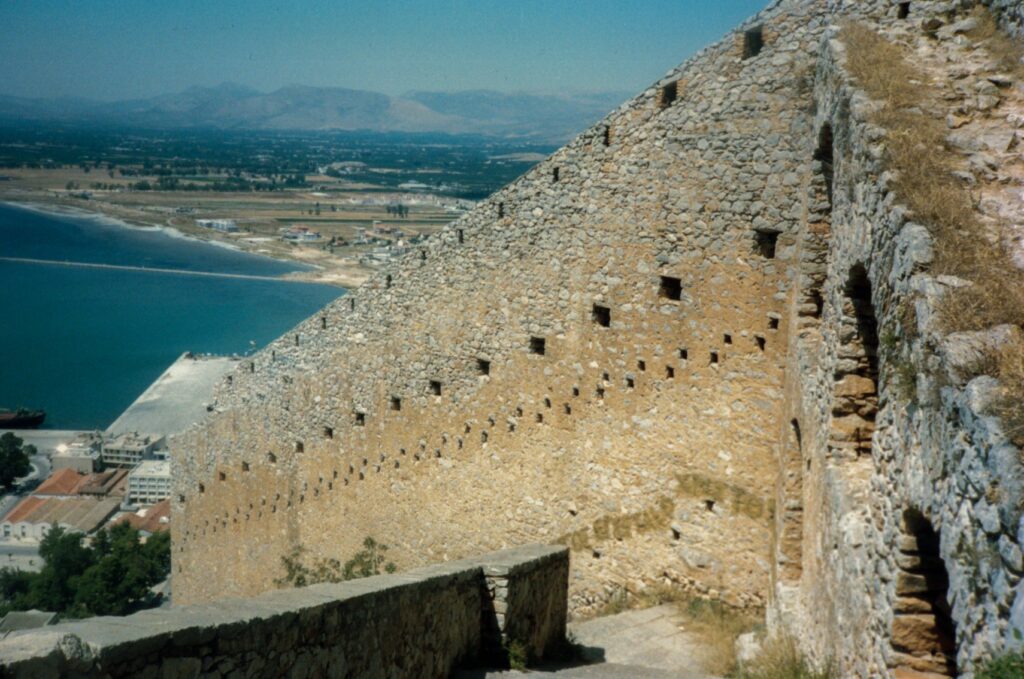 Stone steps climbing up to Palamidi Fortress in Nafplio, Greece