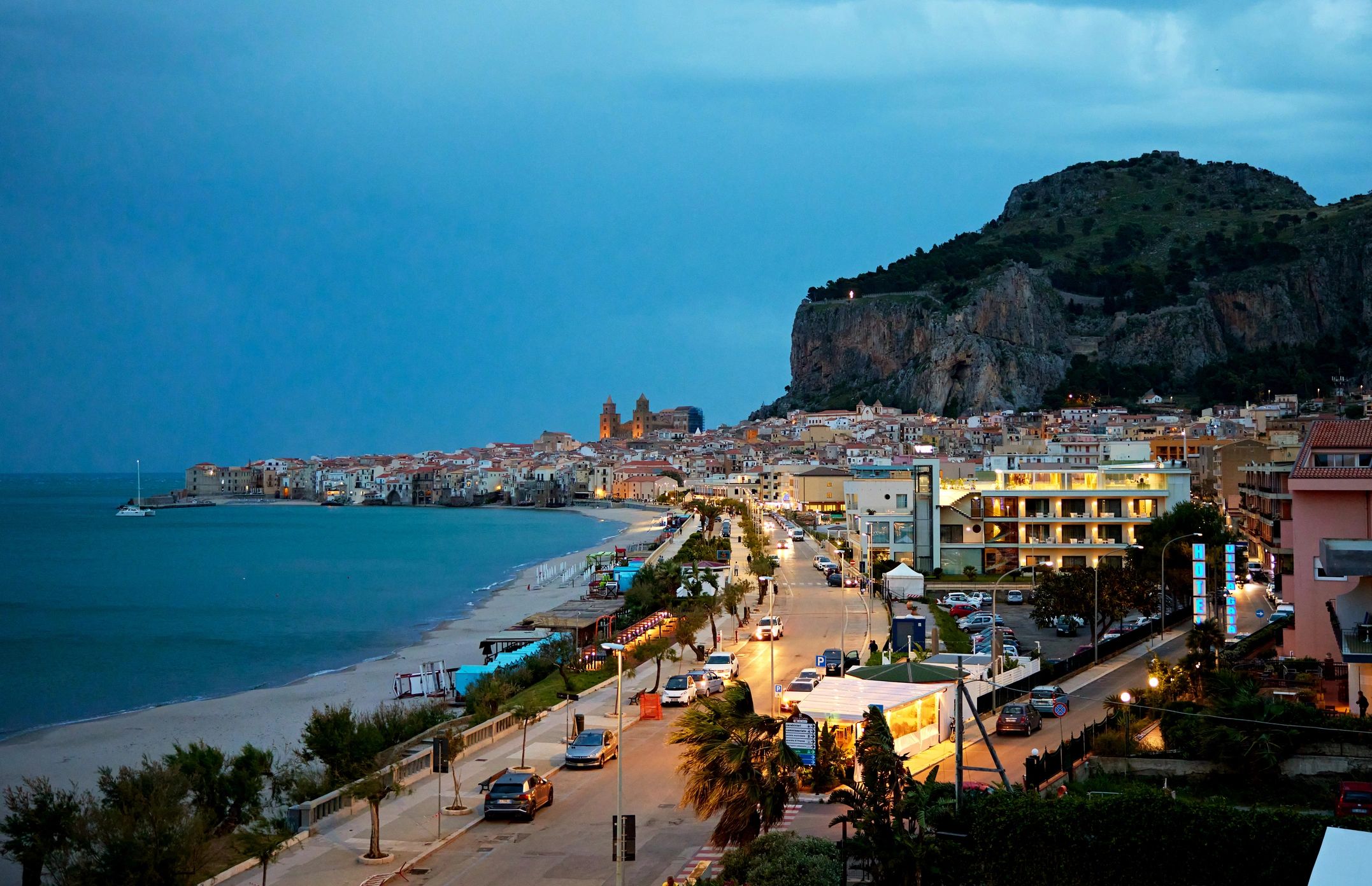 Aerial view of Cefalu at dusk, Sicily, Italy